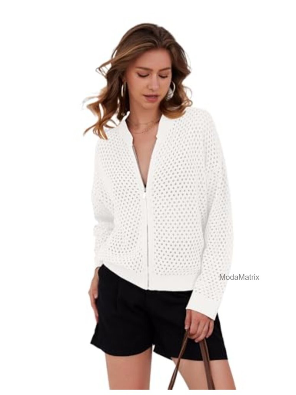 Oversized Zip Up Crochet Cardigan Sweater Long Sleeve Hollow Out Knit Bomber